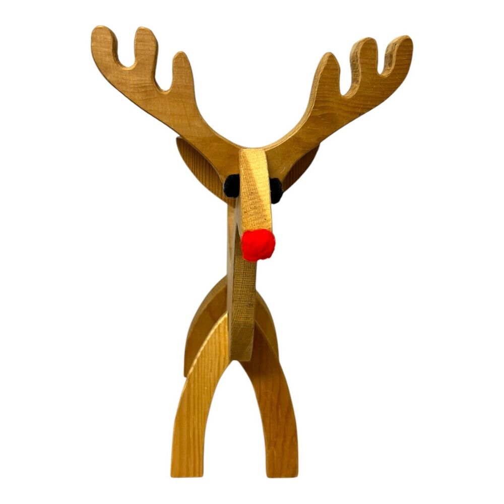 MCM Handmade Wooden Reindeer Rudolph Pom Eyes 16” Puzzle Statue Kitsch Atomic - Picture 3 of 9